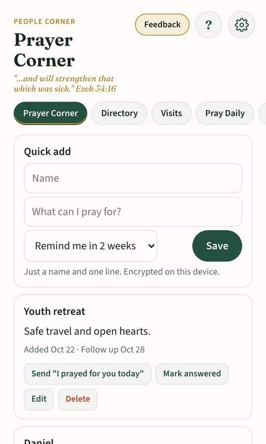 True Care Pastor Prayer Corner screen